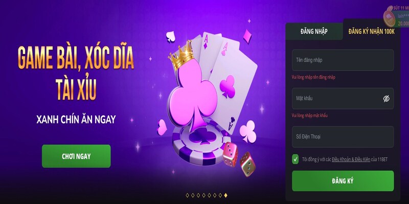 Đăng ký tài khoản chơi xóc đĩa trên 11BET rất đơn giản